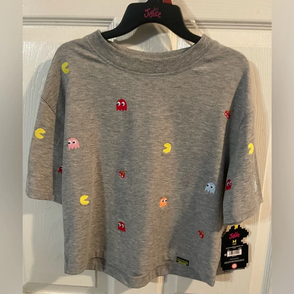 Justice Gray Graphic Tee with‎ PAC-MAN Icons! NWT! Size M!